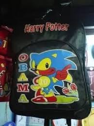 The bootleg Harry Potter Obama Sonic backpack the token was named after, photographed in an overseas market