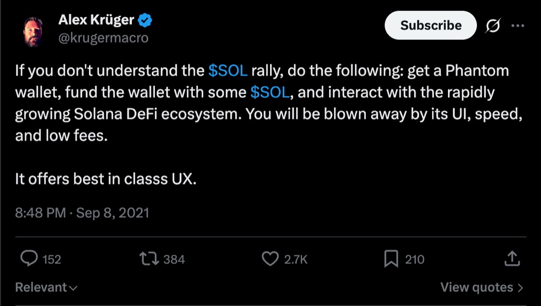 A post telling people to get a Phantom wallet to understand Solana
