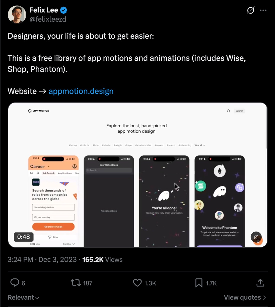 A designer's post listing Phantom beside Wise and Shop