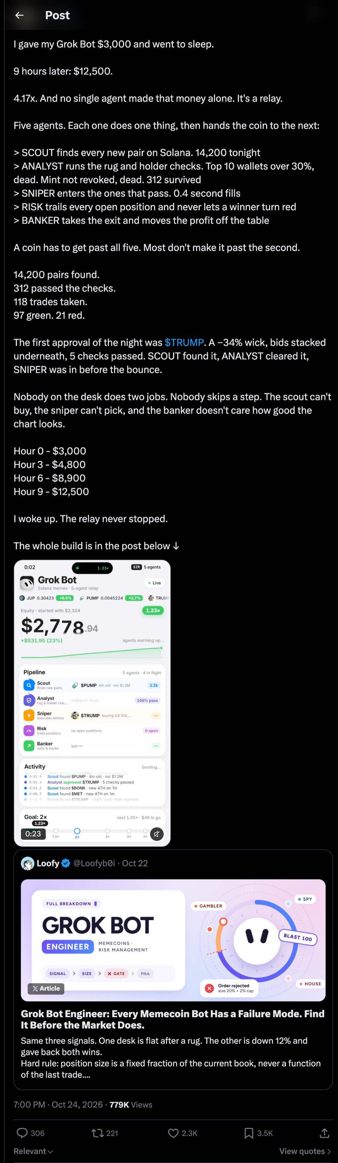 A post about a Grok bot trading memecoins overnight