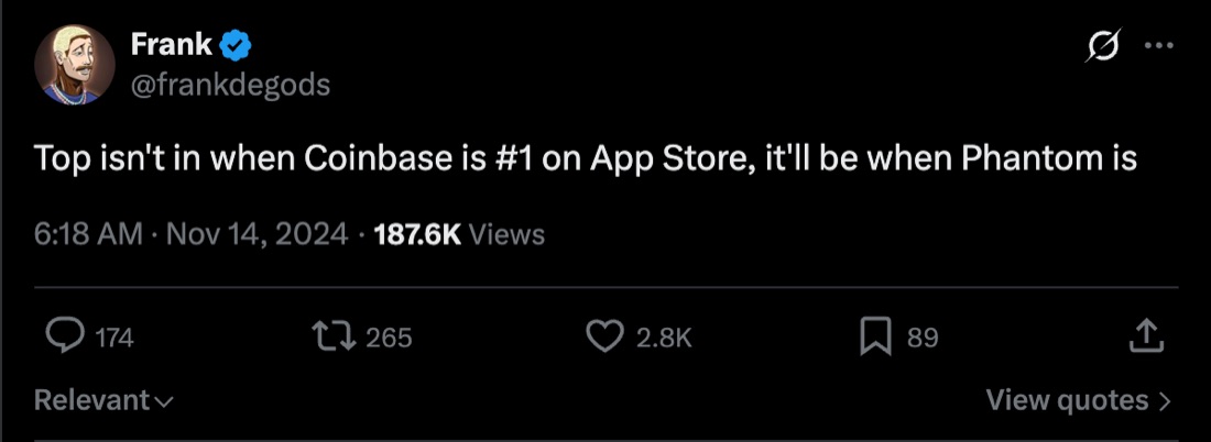 A post saying the market top comes when Phantom is first on the App Store