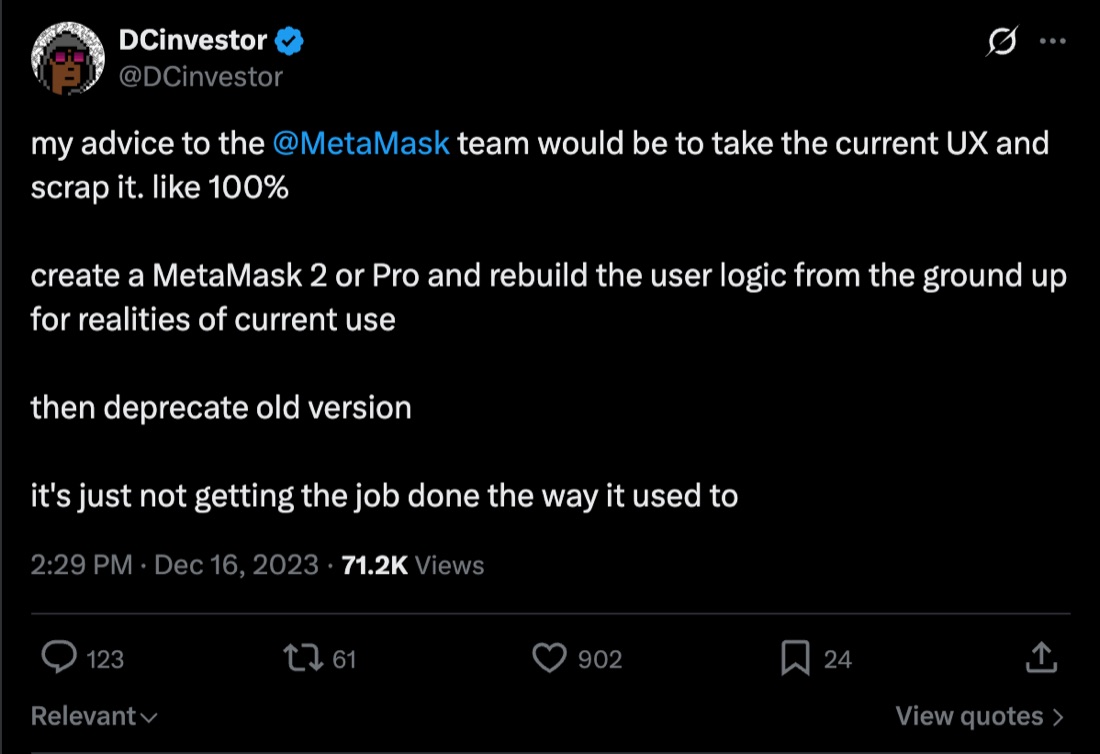 A post telling MetaMask to scrap its UX